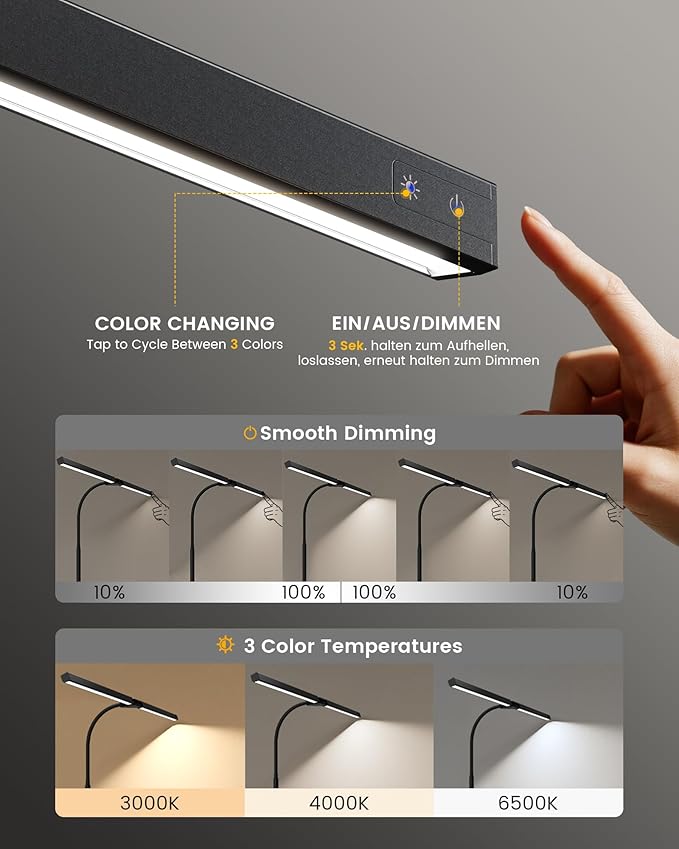 Eye-Caring Desk Lamp with Clamp, LED Desk Light Bar for Dual Monitors, Adjustable Gooseneck Table Lamp with 3 Color Modes, Smooth Dimming Office Desk Lamp for Home Office, Study, Computer Work