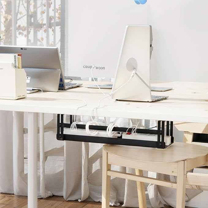 Under Desk Cable Management Tray, 17 in Metal Cable Tray Basket for Wire Management, Power Strip Holder, Cord Organizer, Wire Tamer for Home/Office Desk Cable Hider Black