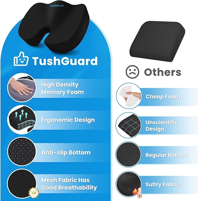 TushGuard Seat Cushion for Office Chair Memory Foam Non-Slip Cushion Back, Relief Chair Pad, Butt Pillow for Office Chair, Car, Computer Desk, Black