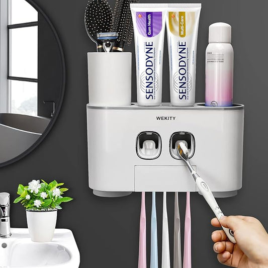 Toothbrush Holder WREWING Multi-Function Wall-Mounted Automatic Toothpaste Dispenser and Dust-Proof Toothbrush Holder with 5 Brush Slots 4 Cups 2 Automatic Toothpaste Dispensers 1 Storage Slot (Grey)