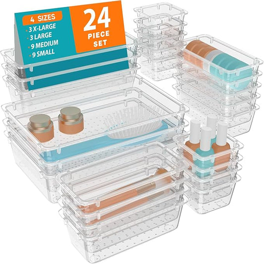 WOWBOX 24 PCS Clear Plastic Drawer Organizer Set, 4 Sizes Desk Drawer Organization and Storage Containers for Makeup, Cosmetics, Jewelry and Gadgets in Kitchen, Bathroom, Bedroom, Office, Clear