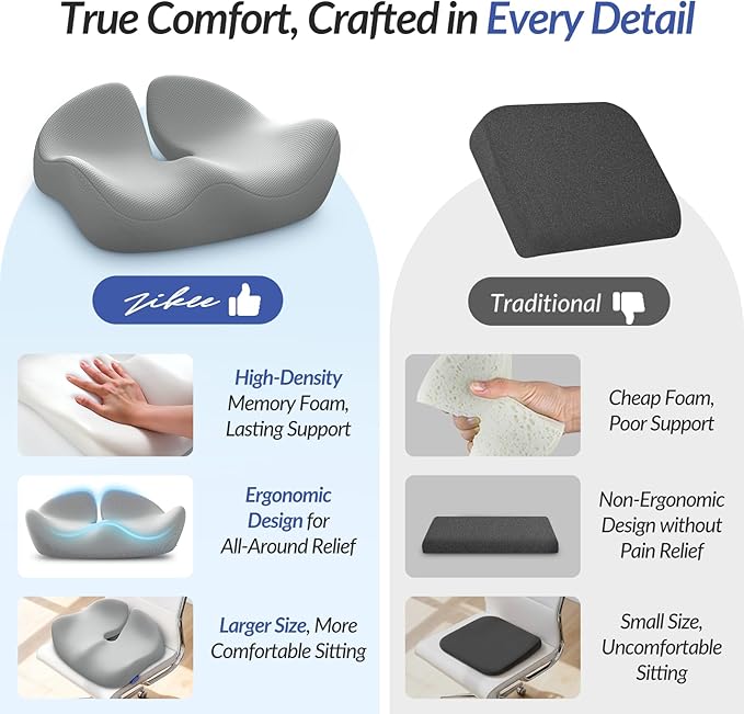 ZIKEE Pioneering Seat Cushion for Pressure Relief, Ergonomic Office Chair Cushion for Sciatica, Back, Hemorrhoids & Tailbone Pain Relief, High-Density Memory Foam Car Seat Cushion with Anti-Slip Base
