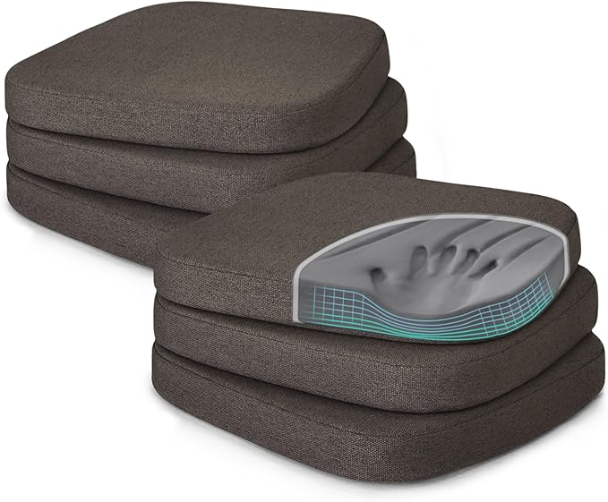 Shinnwa Seat Cushions for Dining Room Chairs 6 Pack, Patented Design Memory Foam Dining Chair Pads with Ties and Washable Cover, Set of 6, 17" x 16" x 2", Dark Brown