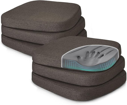 Shinnwa Seat Cushions for Dining Room Chairs 6 Pack, Patented Design Memory Foam Dining Chair Pads with Ties and Washable Cover, Set of 6, 17" x 16" x 2", Dark Brown