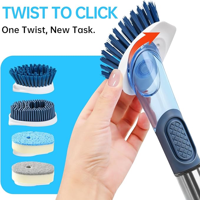 Soap Dispensing Scrub Dish Brush Head Replacements - 4 Kitchen Cleaning Brush Dish Wand Head, Scraper Heads for Stubborn Grime on Pots Pans, Stand/Hang Storage-Blue