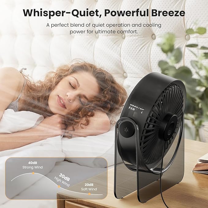 WSKEN USB Small Desk Fan - [Aesthetic Design] Mini But Powerful Portable Ultra Quiet 3 Speeds Wind Desktop Personal Fan for Outdoor Travel Bedroom Bedside Table Top Office,Acrylic Base,Black