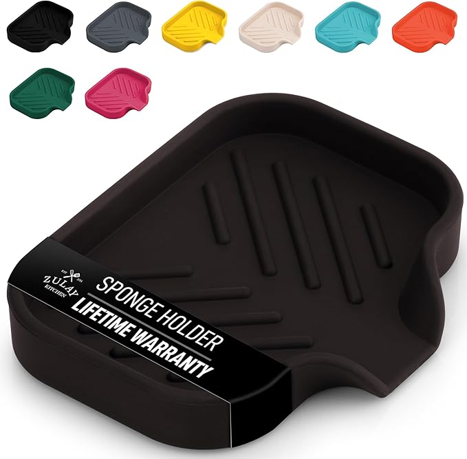 Zulay Kitchen Small Silicone Sponge Holder (4.9x3.3”) – Space-Saving Sink Organizer Tray for Sponge, Soap, Brush & More – Compact Non-Slip Dish for Kitchen & Bathroom (Chocolate)