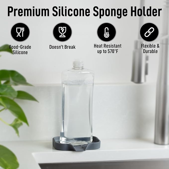Zulay Kitchen Small Silicone Sponge Holder (4.9x3.3”) – Space-Saving Sink Organizer Tray for Sponge, Soap, Brush & More – Compact Non-Slip Dish for Kitchen & Bathroom (Grey)