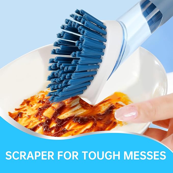 Soap Dispensing Scrub Dish Brush Head Replacements - 4 Kitchen Cleaning Brush Dish Wand Head, Scraper Heads for Stubborn Grime on Pots Pans, Stand/Hang Storage-Blue