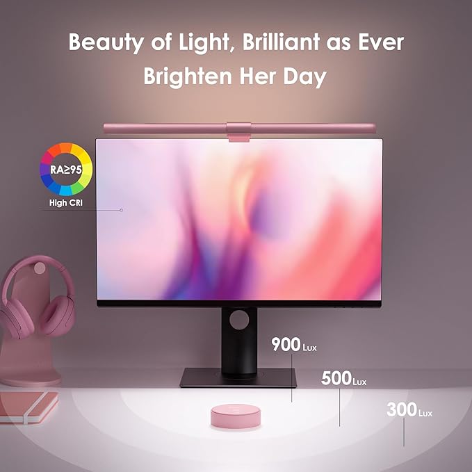 Quntis Pink Monitor Light Bar with Remote, Eye-Care No Glare, Space Saving Computer Desk Lamp As Gifts for Girls, Stepless Dimming, Modern Aesthetic Desk Light Bar for Home Office Gaming Reading