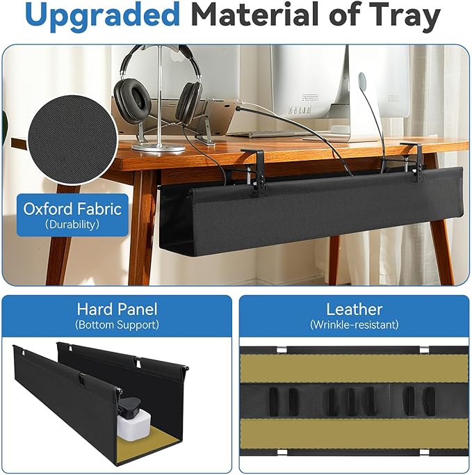SHUWEI 36" Under Desk Cable Management Tray, Premium Fabric Cable Management for Desk, Clamp/Screw Mount Cable Tray for Office and Home (Black, 36" L)