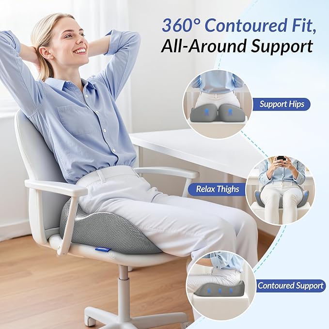 ZIKEE Pioneering Seat Cushion for Pressure Relief, Ergonomic Office Chair Cushion for Sciatica, Back, Hemorrhoids & Tailbone Pain Relief, High-Density Memory Foam Car Seat Cushion with Anti-Slip Base