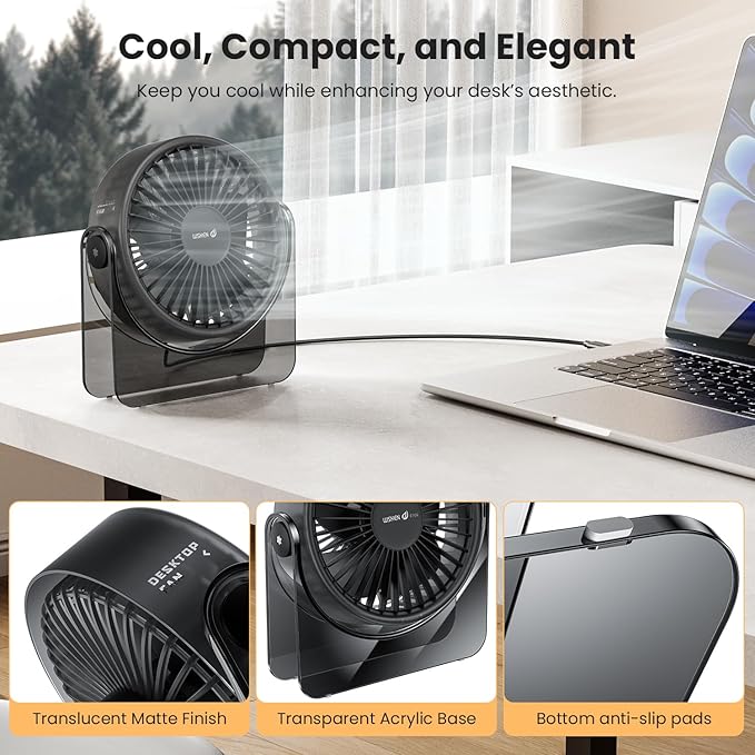 WSKEN USB Small Desk Fan - [Aesthetic Design] Mini But Powerful Portable Ultra Quiet 3 Speeds Wind Desktop Personal Fan for Outdoor Travel Bedroom Bedside Table Top Office,Acrylic Base,Black