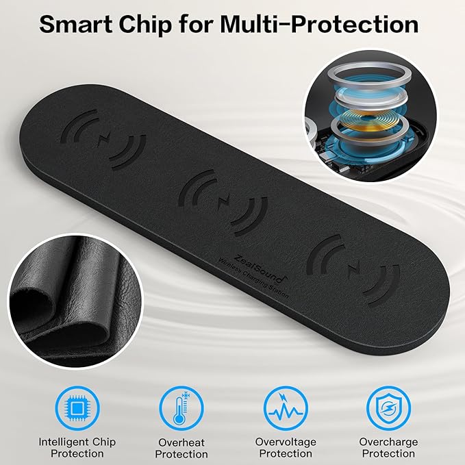 ZealSound Wireless Charging Pad,Triple Wireless Charger Pad Multiple Devices Compatible with iPhone Phone New AirPods Galaxy Buds Ultra-Slim PU Leather Wireless Charging Mat for Smartphone Phone Black