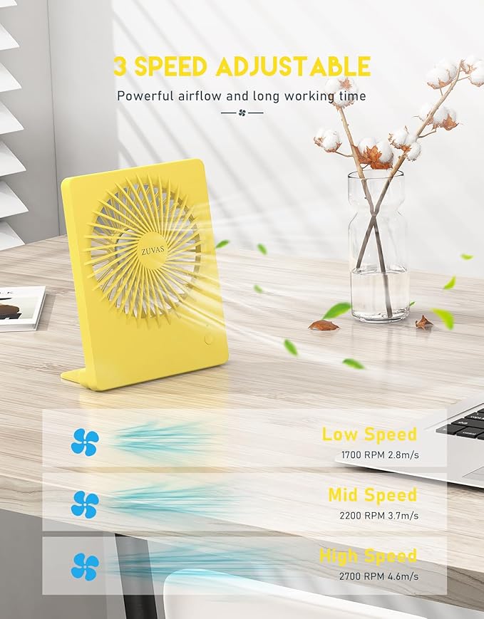 Zuvas Desk Fan Battery Operated Fan Rechargeable 180°Tilt Folding Personal Fan Ultra Quiet Small Portable 3 Speed Adjustable Strong Wind Fan For Office Bedroom Home Desktop Camping (Yellow)