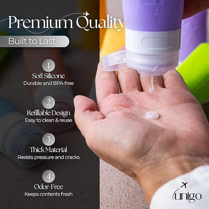 unigo Silicone Travel Bottles Set for Toiletries, Airplane Approved TSA Carry On Size, BPA Free Leakproof Refillable Squeeze Containers with Labels, Cleaning Brush and Covers (Multicolor B)
