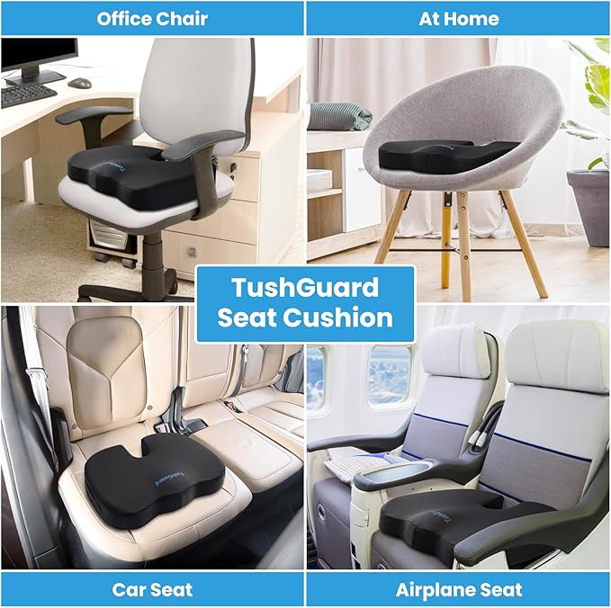 TushGuard Seat Cushion for Office Chair Memory Foam Non-Slip Cushion Back, Relief Chair Pad, Butt Pillow for Office Chair, Car, Computer Desk, Black