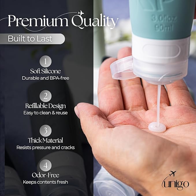 unigo Silicone Travel Bottles Set for Toiletries, Airplane Approved TSA Carry On Size, BPA Free Leakproof Refillable Squeeze Containers with Labels, Cleaning Brush and Covers (Gray)
