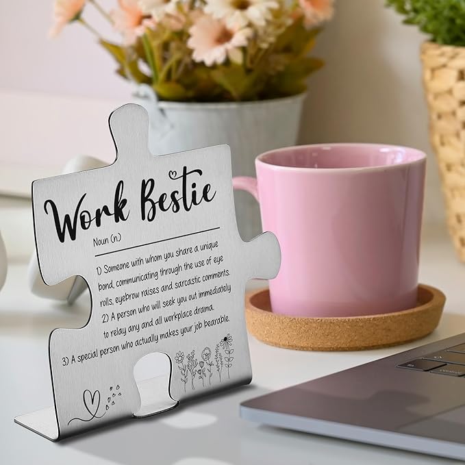 Work Bestie Puzzle Desk Sign for Coworker Women Men, Stainless Steel Appreciation Gift for Office Colleague, Funny Thank You Plaque for Promotion, Birthday, Retirement, Work Anniversary Decor - FSD351