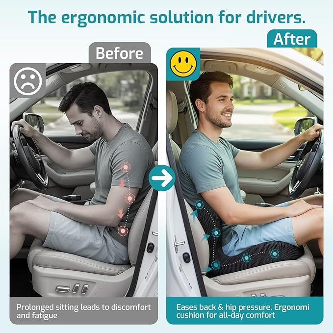 Trucker Seat Cushion, Car Seat Cushions with Lumbar Support Pillow, Ergonomic L-Shaped Orthopedic Memory Foam Pad for Long Driving Back Pain Sciatica Relief, Drivers Office Workers (Black+WE)