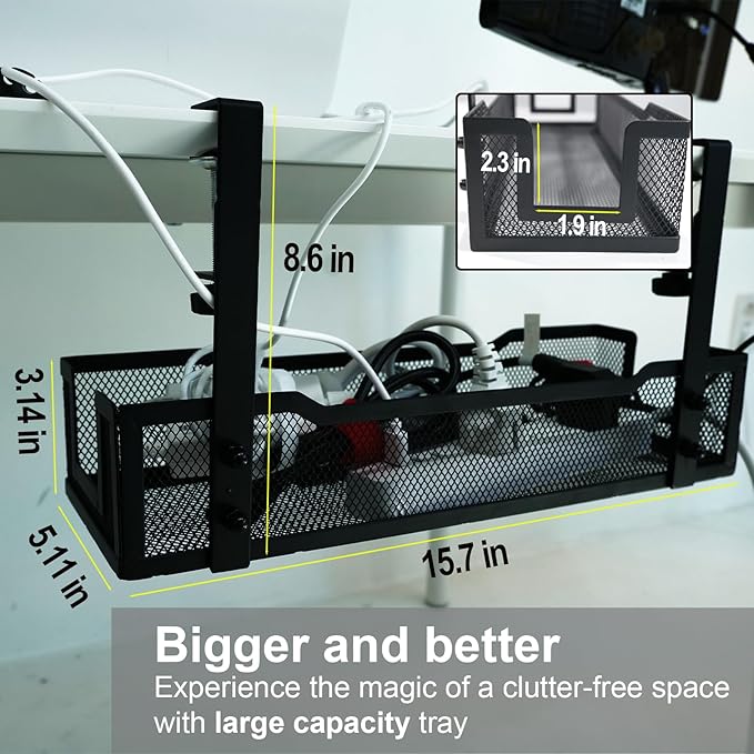 No Drill Under Desk Cable Management Tray with clamp-Premium Wire Tray Cord Organizer – Thin Steel Cable Tray Basket with Charger Holder for Desk–Black Cable Management Box–Easy to Install