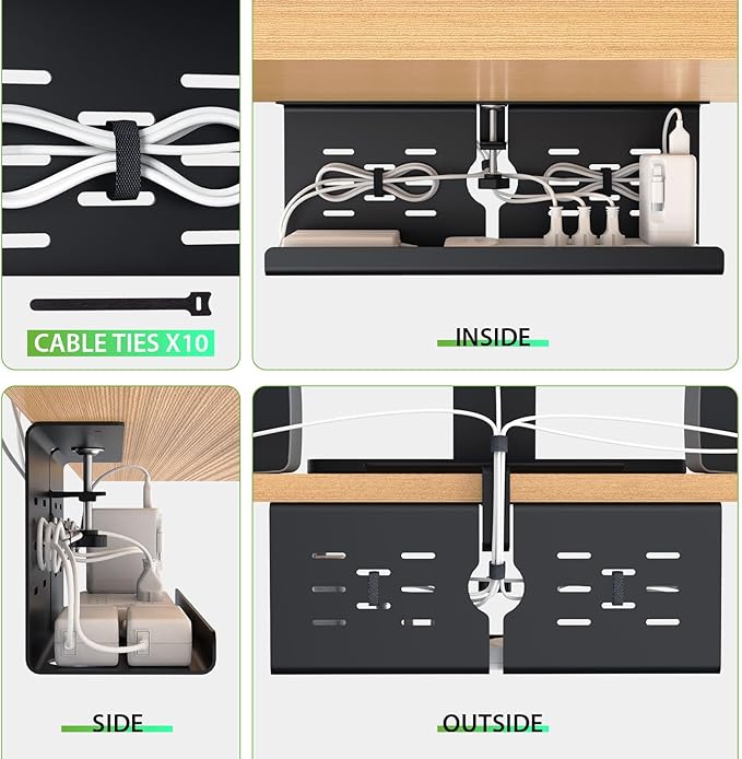 KEEGH 16'' Under Desk Cable Management Tray, No Drill Clamp/Screws Mount, Sturdy Metal Cable Tray for Place Power Strip, Cord Management Tray for Home Office, Gaming Desk, Standing Desk, 1 Pack, Black