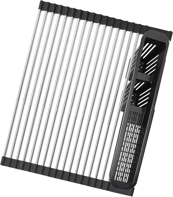 Roll Up Dish Drying Rack,Expandable Over The Sink Dish Drainer,Stainless Steel Kitchen Rolling Sink Rack with Utensil Holder,Length Up to 22.3" (Black, Large)