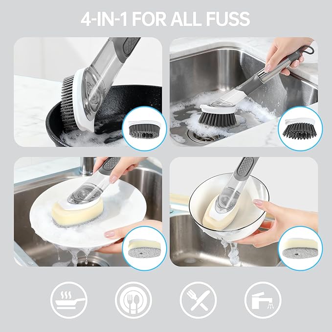 Soap Dispensing Scrub Dish Brush Head Replacements - 4 Kitchen Cleaning Brush Dish Wand Head, Scraper Heads for Stubborn Grime on Pots Pans, Stand/Hang Storage-Grey