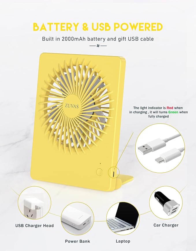 Zuvas Desk Fan Battery Operated Fan Rechargeable 180°Tilt Folding Personal Fan Ultra Quiet Small Portable 3 Speed Adjustable Strong Wind Fan For Office Bedroom Home Desktop Camping (Yellow)