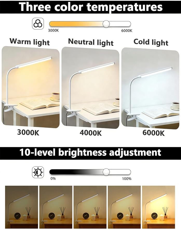 Set of 2 LED Desk Lamp with Clamp for Office Home, Clip on Desk Light Bar with 360 Adjustable Neck, Monitor Light Bar for Drawing Desk, Work from Home Reading Light for Night Stands