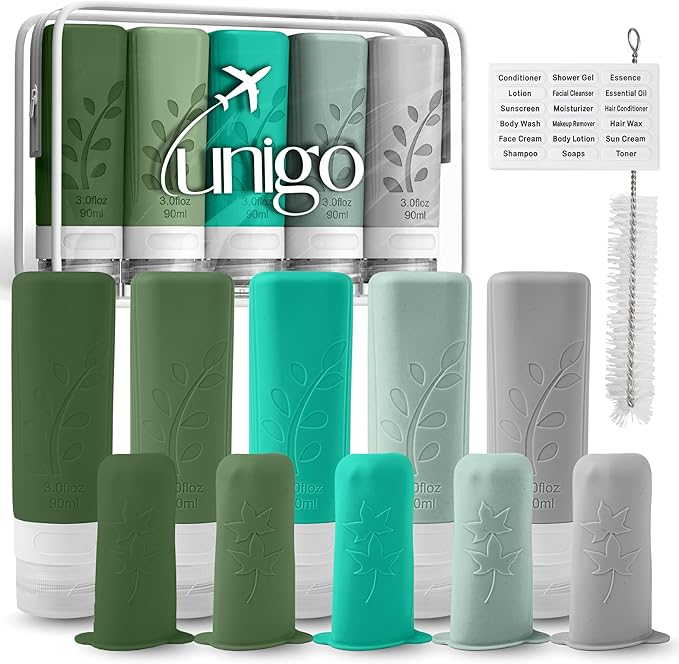 unigo Silicone Travel Bottles Set for Toiletries, Airplane Approved TSA Carry On Size, BPA Free Leakproof Refillable Squeeze Containers with Labels, Cleaning Brush and Covers (Green)