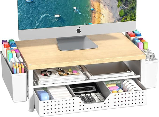Wood Monitor Stand Riser, Laptop Stand for Desk, Office Desk Organizer and Accessories, Computer Desktop Shelf with Drawer and Pen Holder, Printer Stand for Home, Office, Dorm (Natural Wood)