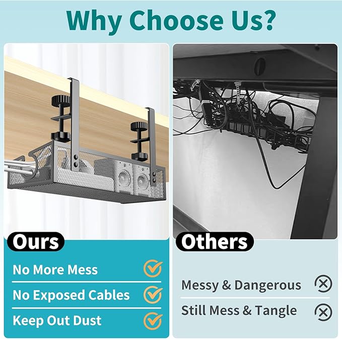 Under Desk Cable Tray - Black, No Drill Cable Organizer with Clamp for Wire Management, PC Cord Organizer & Workspace Accessories (2 Pack)