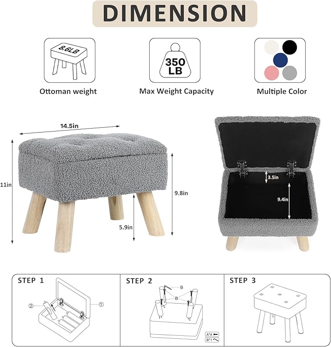 Storage Ottoman, Small Storage Ottoman Foot Stool with Wood Legs, Teddy Velvet Rectangular Foot Rest for Chair, Soft Sponge White Footstool for Living Room, Couch, Bedroom, Dorm (Grizzly)