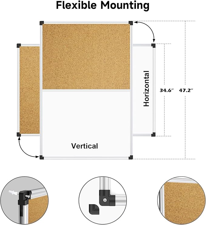 XBoard Large Magnetic White Board and Bulletin Corkboard Combination, 48 x 36 Inch Half Dry Erase & Cork Combo Board for Wall with Aluminum Frame, 4' x 3' Notice Memo Board Pin Board Vision Board