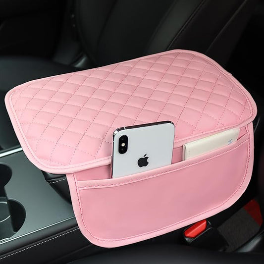 Upgraded Car Center Console Cover with 2 Storage,Arm Rest Covers Armrest Cover for Car, Microfiber Leather Car Armrest Cover Cushion, Universal Car Interior Accessories for Vehicles（Pink longer）