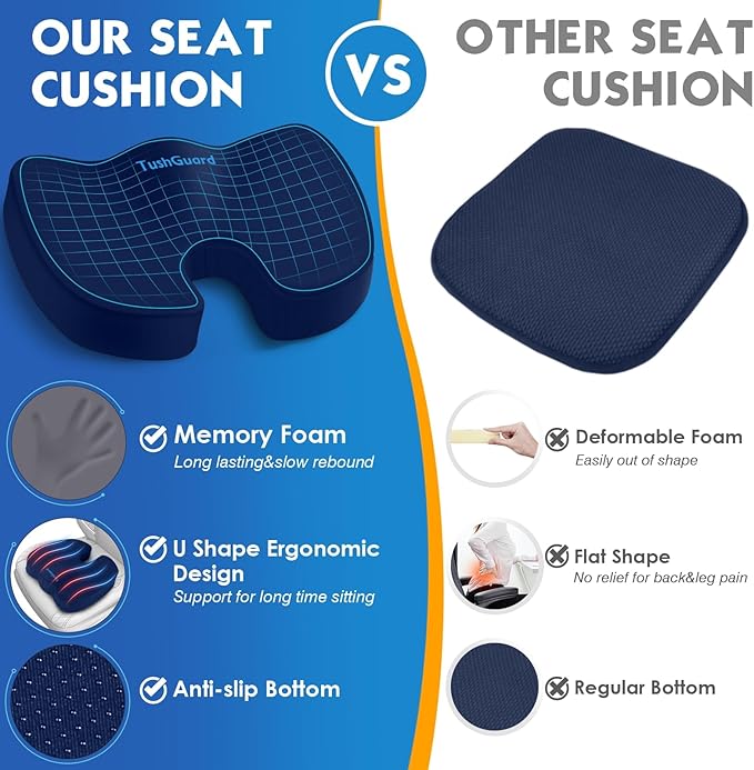 TushGuard Seat Cushion for Office Chair Memory Foam Non-Slip Cushion Back, Coccyx, Sciatica, Tailbone Pain Relief Butt Pillow for Office Chair, Car, Wheelchair, Blue, X-Large
