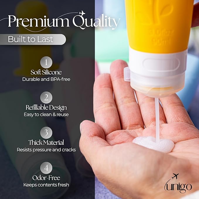 unigo Silicone Travel Bottles Set for Toiletries, Airplane Approved TSA Carry On Size, BPA Free Leakproof Refillable Squeeze Containers with Labels, Cleaning Brush and Covers (Multicolor A)