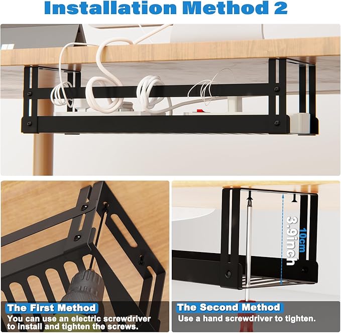 Under Desk Cable Management Tray, 17 in Metal Cable Tray Basket for Wire Management, Power Strip Holder, Cord Organizer, Wire Tamer for Home/Office Desk Cable Hider Black