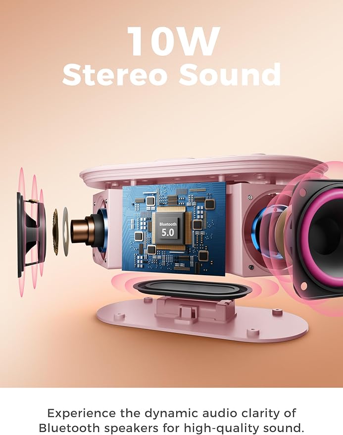 Wireless Charging Alarm Clock Radio: Qi Certified Fast Wireless Charger for iPhone Samsung - 10W Stereo Bluetooth Speaker - Dimmable Digital Clock with FM Radio for Bedroom Pink