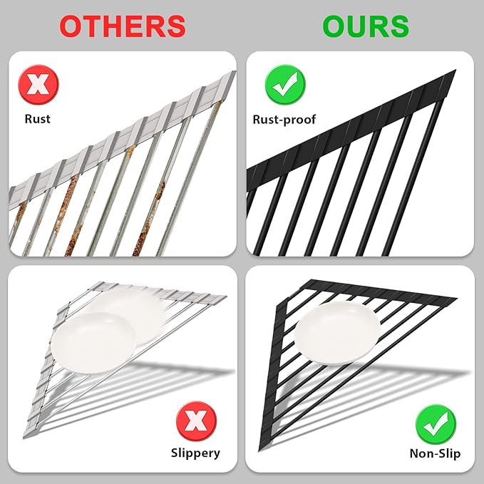 Triangular Sink Rack, Multi-Functional Rack Above the countertop, Foldable Sink Drying mat, Heat-Resistant, Non-Slip, and Rust-Proof Dish Rack (Black)