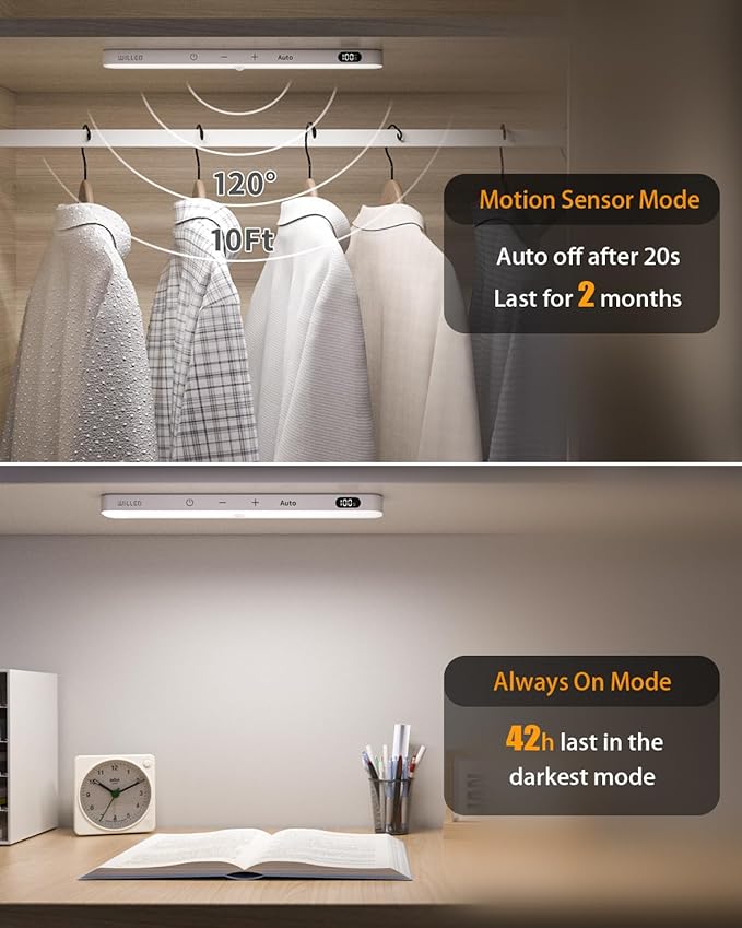 WILLED Under Cabinet Lights Rechargeable, Battery Display, 60 LED Touch Light Bar, Motion Sensor Light Indoor, Battery Operated Closet Light Wireless, Stick on Under Counter Lights for Kitchen(2 Pack)