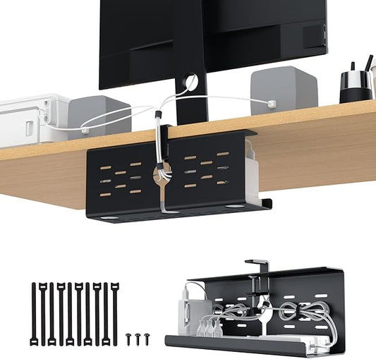 KEEGH 16'' Under Desk Cable Management Tray, No Drill Clamp/Screws Mount, Sturdy Metal Cable Tray for Place Power Strip, Cord Management Tray for Home Office, Gaming Desk, Standing Desk, 1 Pack, Black