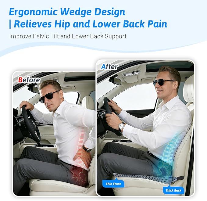 Wedge Car Seat Cushion for Better Visibility & Sciatica Pain Relief - High Density Memory Foam, Non-Slip Ergonomic Car Seat Cushion for Driving, Universal Fit for Car, SUV,Truck & Tractor