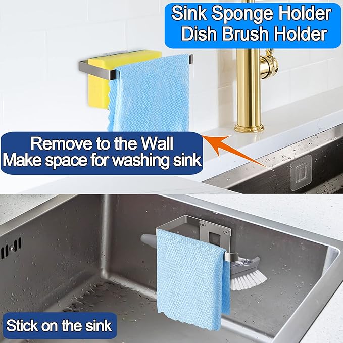 GAViA Kitchen Sink Sponge Holder - Sponge and Dish Cloth Hanger, Adhesive Rustproof Kitchen Sink Rack, 304 Stainless Steel, No Drilling