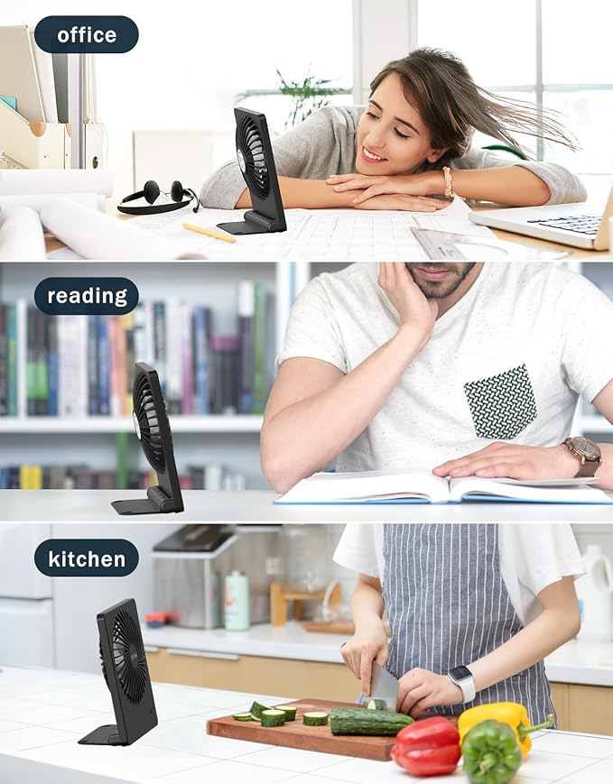 Zuvas Desk Fan Battery Operated Fan Rechargeable 180°Tilt Folding Personal Fan Ultra Quiet Small Portable 3 Speed Adjustable Strong Wind Fan For Office Bedroom Home Desktop Camping (Black)