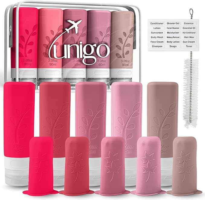 unigo Silicone Travel Bottles Set for Toiletries, Airplane Approved TSA Carry On Size, BPA Free Leakproof Refillable Squeeze Containers with Labels, Cleaning Brush and Covers (Pink)