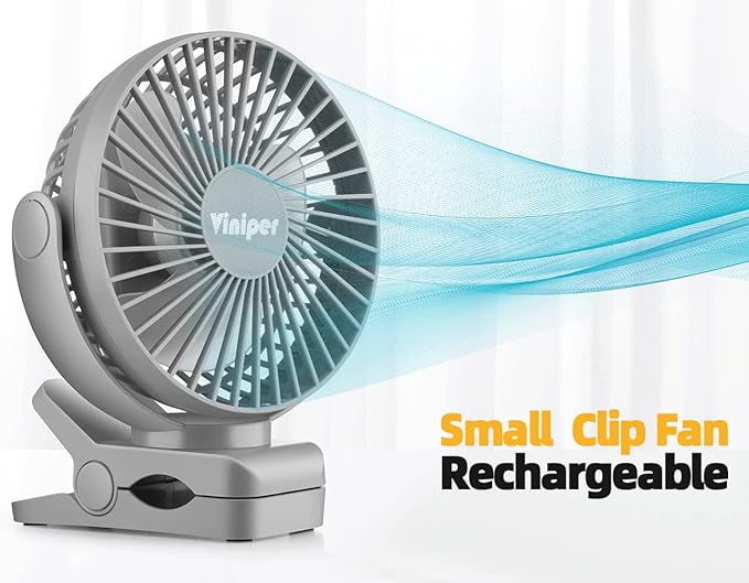 Viniper 6 inch Rechargeable Clip on Fan, 5000mah Battery Desk Fan : 360° Rotation & 3 Speeds Strong Wind Portable Fan, 8-30 Working Hours, Quiet and Powerful (Gray)
