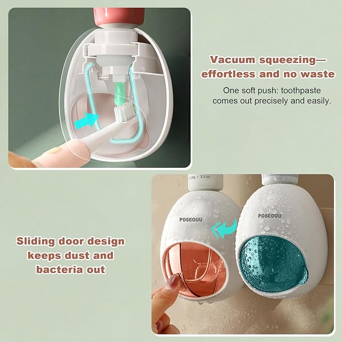 Toothpaste Dispenser Wall Mounted for Bathroom Automatic Toothpaste Squeezer for Kids and Adult with Custom Cleaning Brush & 2 Heavy-Duty Adhesive Pads (Rouge Powder)