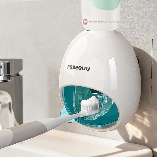 Toothpaste Dispenser Wall Mounted for Bathroom Automatic Toothpaste Squeezer for Kids and Adult with Custom Cleaning Brush & 2 Heavy-Duty Adhesive Pads (Sapphire Blue)